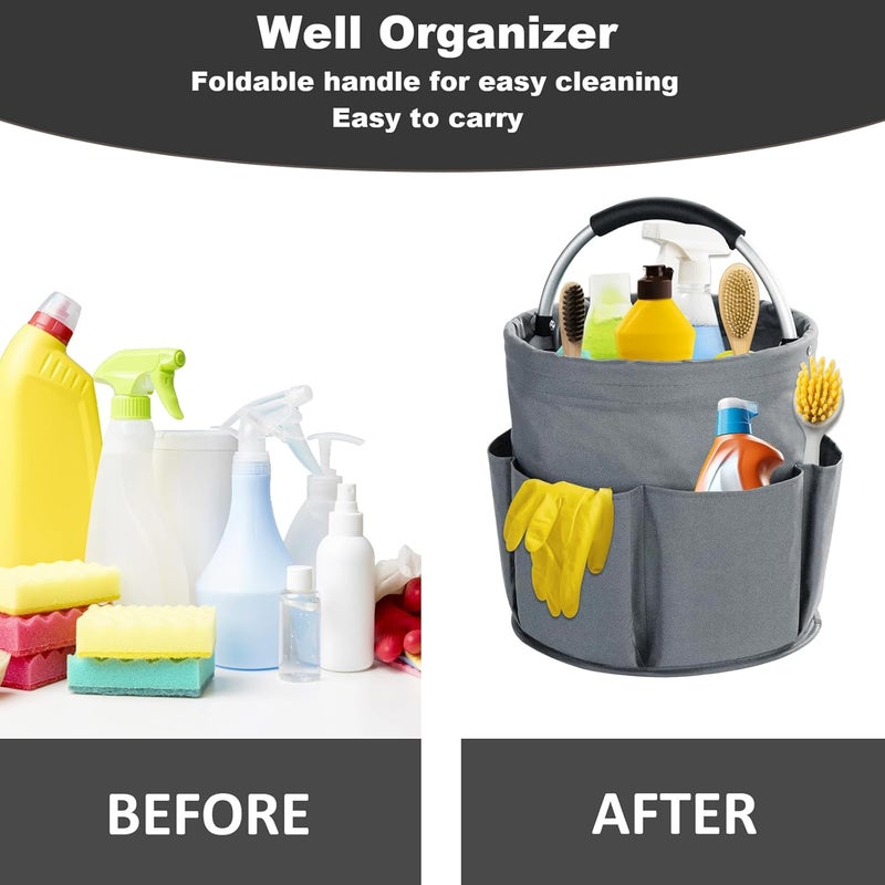 abcmilz 17L Cleaning Caddy with Handle, Cleaning Supplies Organizer, Foldable Storage Basket, Cleaning Supply Caddy, Portable Multi Cleaning Bucket Bag for Home, Garden (Grey) - Image 3